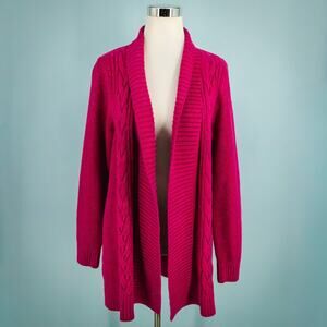 L.L. Bean Size XL Pink Cable Fisherman Knit Open Cotton Blend Cardigan Sweater